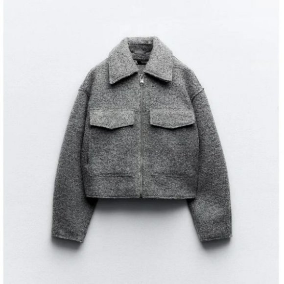 ZARA CROPPED BOUCLE JACKET GRAY